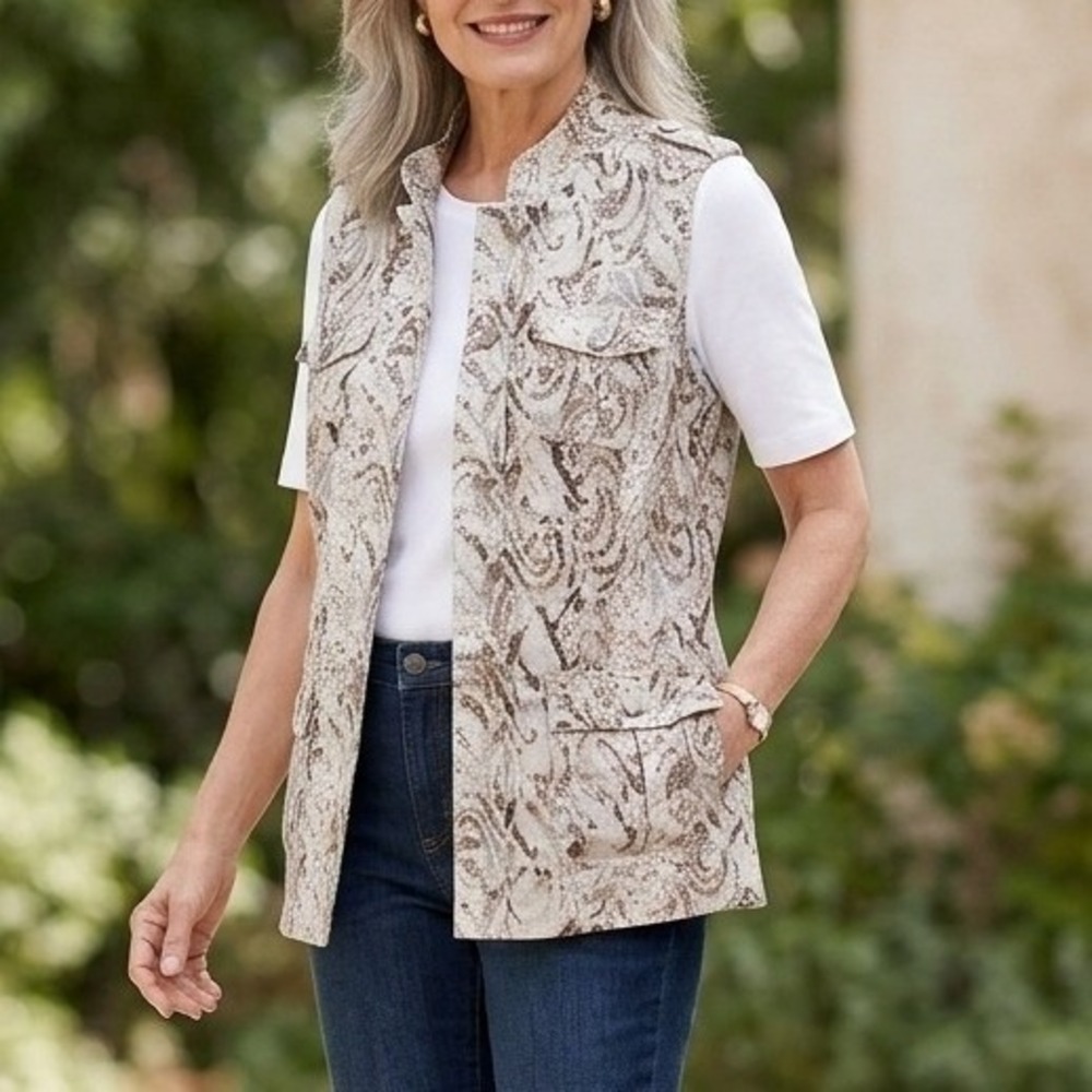 Chicos Utility Vest Women 1 Medium Beige Brown Snakeskin Paisley Zip Pockets